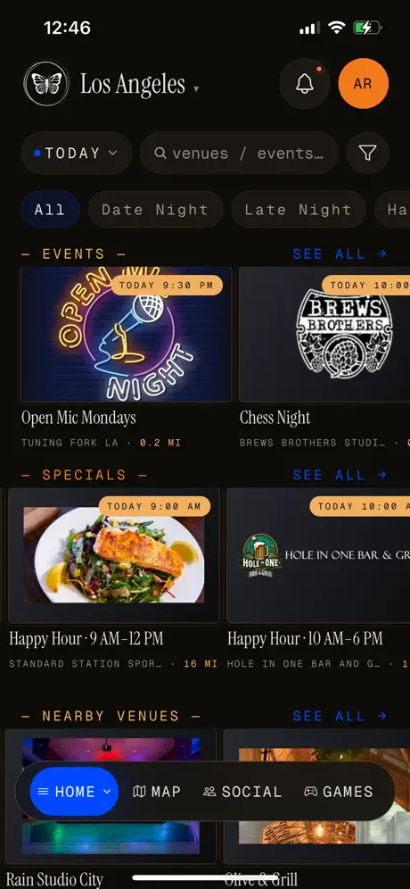 MapChat home feed for Los Angeles showing today's events, specials, and nearby venues