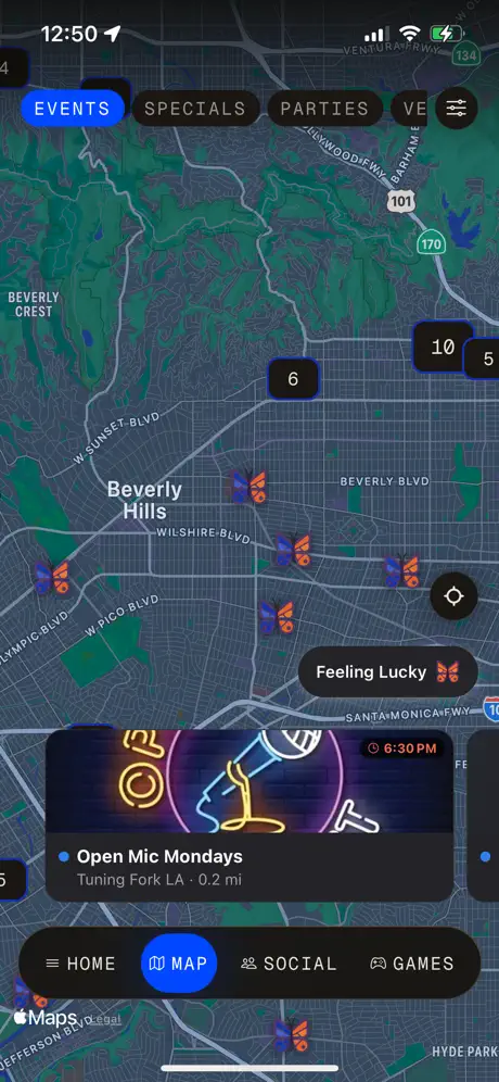 MapChat map view with clustered venue pins across LA, filters, and an event card
