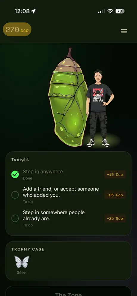 Morpho meta-game screen with a chrysalis avatar, nightly challenges, and a Goo balance