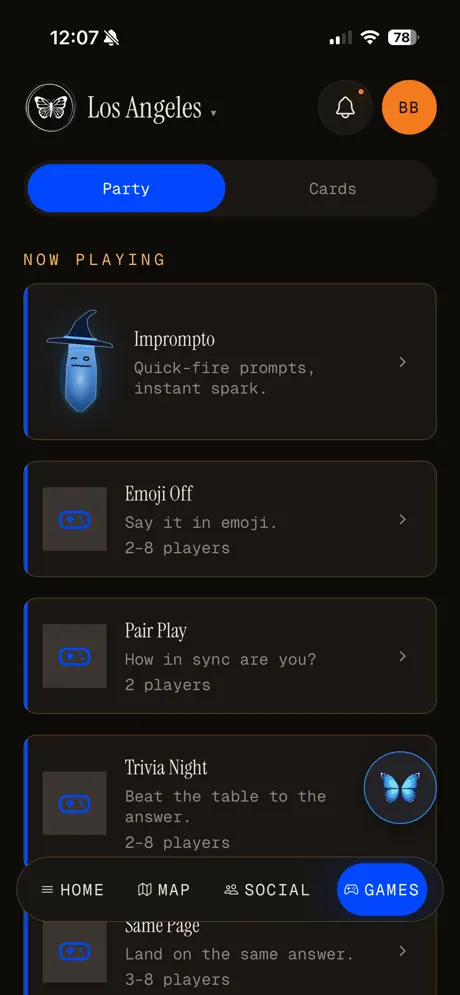 MapChat games tab listing party games including Emoji Off, Pair Play, and Trivia Night